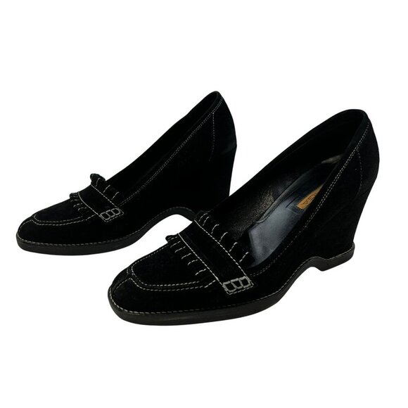 Via Spiga Women’s Wedge Heel Suede V-Rocker Slip On Black/White Size 9.5 - Picture 1 of 9